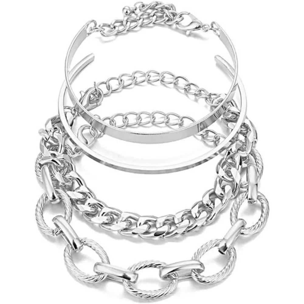 4-Piece Silver Bracelet Set for Women Chunky Chain, 2 Minimalist Cuff, and Rope
